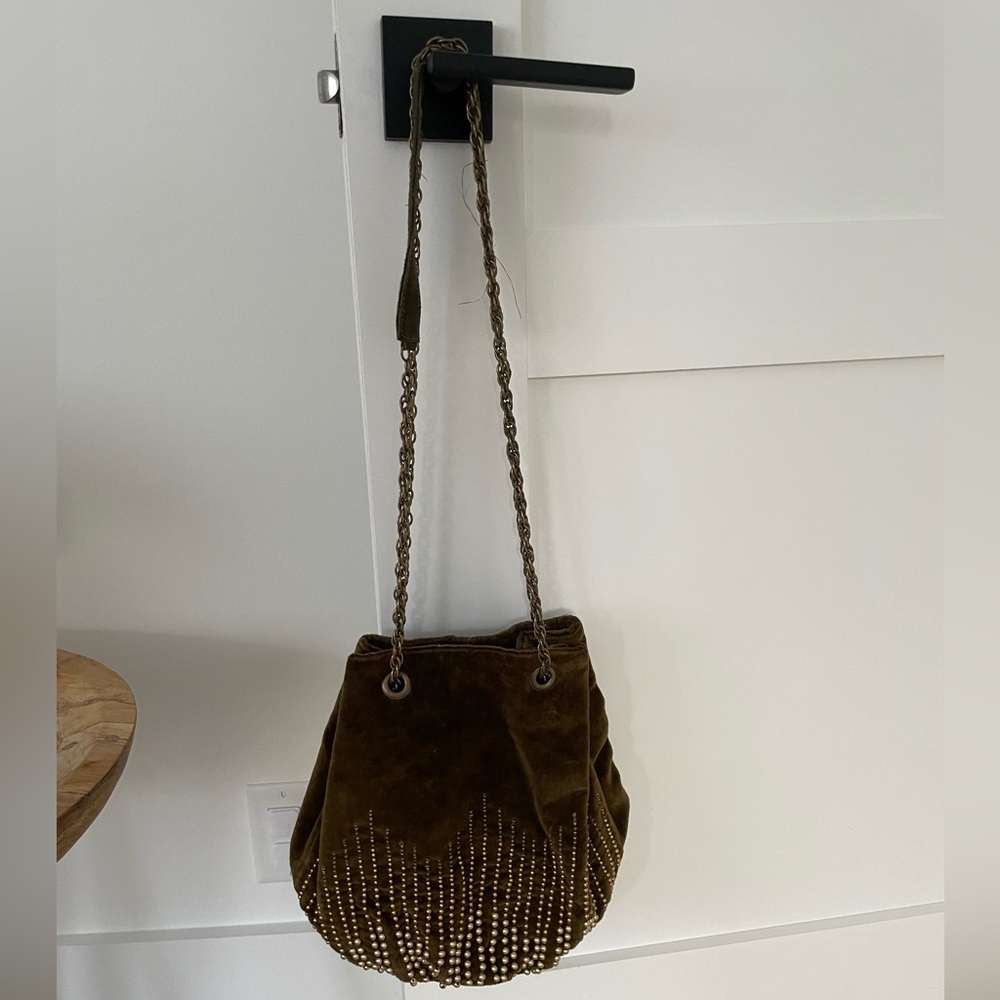 LIKE NEW World Market Suede Beaded Green Olive Bag purse Crossbody Evening Event